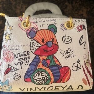 White Graffiti Teddy Print Satchel Bag